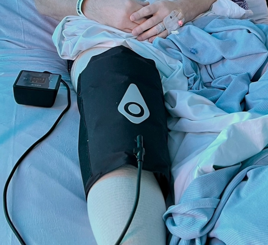 SQUID GO leg wrap in use post-surgery